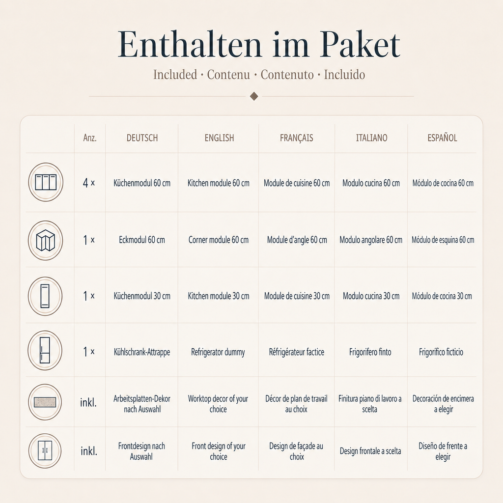 Eckküche aus Pappe – L-Form 270 × 180 cm mit Kühlschrank