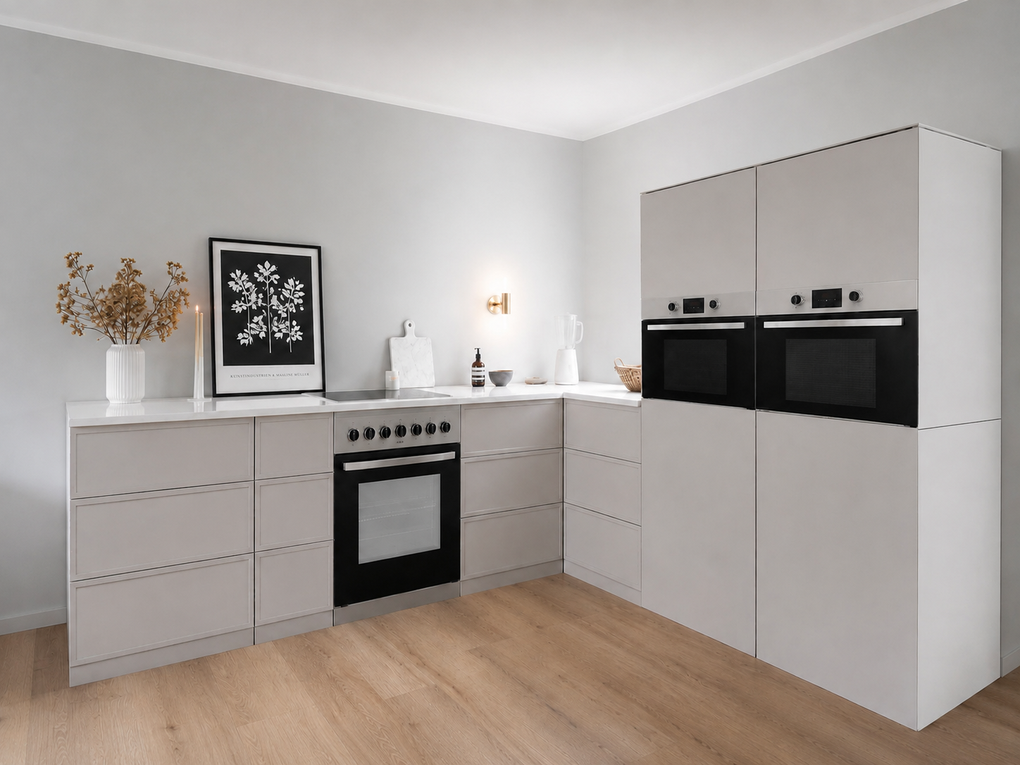 Eckküche aus Pappe 270 × 240 cm – Premium Home Staging Pappküche mit 2 Hochschränken & Herdattrappe