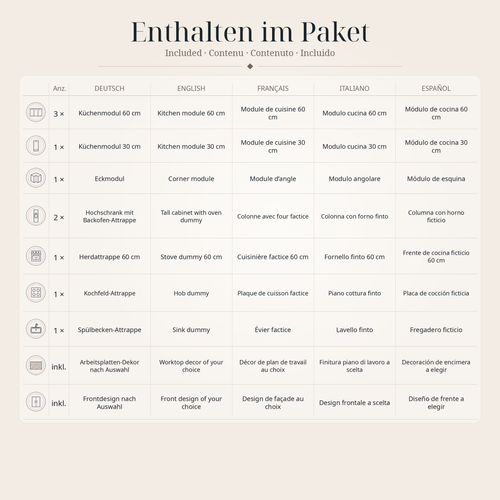 Eckküche aus Pappe 270 × 240 cm – Premium Home Staging Pappküche mit 2 Hochschränken & Herdattrappe